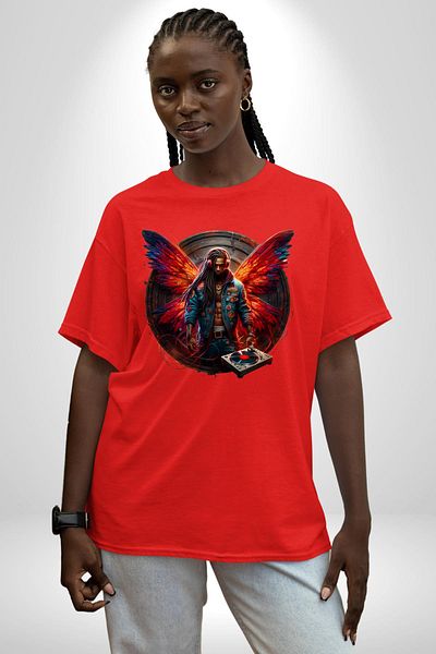 Angemiel Dj Style Design with Red Orange Wings Red Oversize Women Men Front Printed T-Shirt