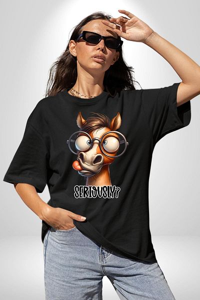 Angemiel Are You Serious with Glasses? Humor Funny Design Black Oversize Women's Men's Front Printed T-Shirt