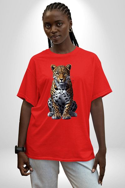Angemiel Leopard Pattern Wild Animal Red Oversize Women's Men's Front Printed T-Shirt