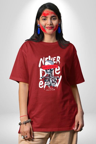 Angemiel Never Die Motivational Message and Creative Design Red Oversize Women's Men's Front Printed T-Shirt