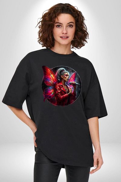 Angemiel Neon Butterfly Wings Microphone Young Girl Black Oversize Women Men Front Printed T-Shirt