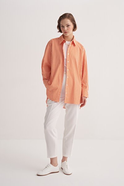 EBU Prive قميص بوبيلين نسائي كبير الحجم مخطط باللون البرتقالي