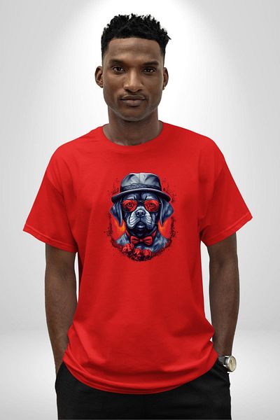 Angemiel Romantic  Dog Hat with Rose Red Oversize Women's Men's Front Printed T-Shirt
