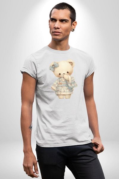 Angemiel Blue Square Patterned Teddy Bear Kawaii Style White Oversize Women's Men's Front Printed T-Shirt