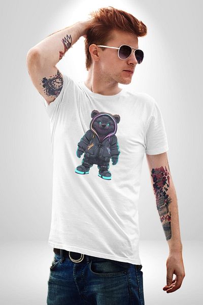 Angemiel Bright Neon Detailed Night Style Teddy Bear White Oversize Women's Men's Front Printed T-Shirt