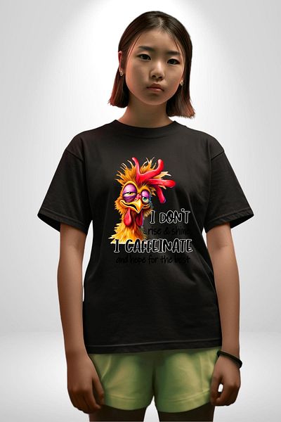 Angemiel Not into Coffee, I'M into Caffeine Funny Chicken Black Oversize Women's Men's Front Printed T-Shirt