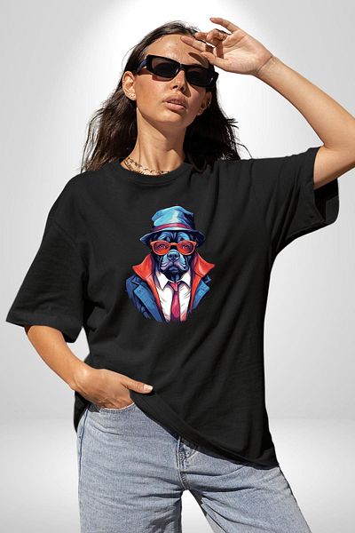 Angemiel Stylish Cool Suit Dog with Hat Black Oversize Women's Men's Front Printed T-Shirt