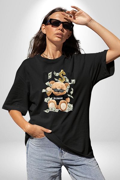 Angemiel Cash King Bear Billionaire Design Black Oversize Women's Men's Front Printed T-Shirt