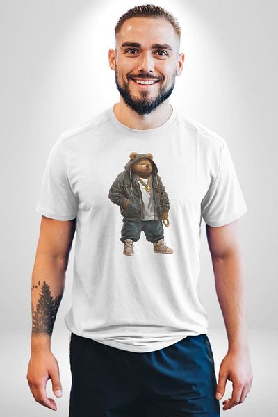 Angemiel تي شيرت Urban Style Hip Hop Teddy Bear Rapper Teddy أبيض كبير الحجم للنساء والرجال مطبوع من الأمام