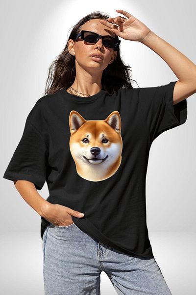 Angemiel Shiba Inu Cute Affection Dog Design Black Oversize Women Men Front Printed T-Shirt