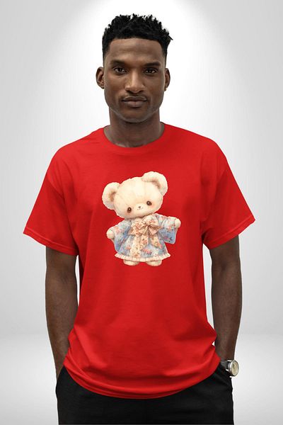 Angemiel Red Oversize Women's Men's Front Printed T-Shirt with Cute Teddy Bear Figure