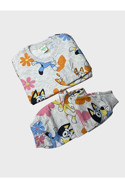 Pajama Shop Girls' Cotton Fabric Hooded Gray Bluey Floral Patterned Long Sleeve Winter Pajama Set