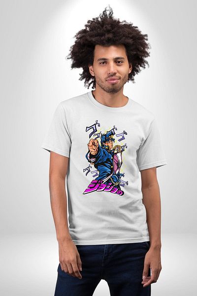 Angemiel تي شيرت JoJo's Bizarre Adventure Jotaro Anime Character أبيض كبير الحجم للنساء والرجال مطبوع من الأمام