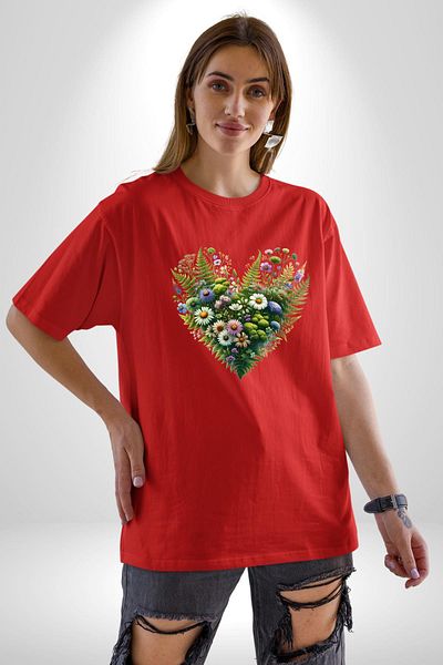 Angemiel Dance of Flowers Nature Love Garden in the Heart Red Oversize Women's Men's Front Printed T-Shirt