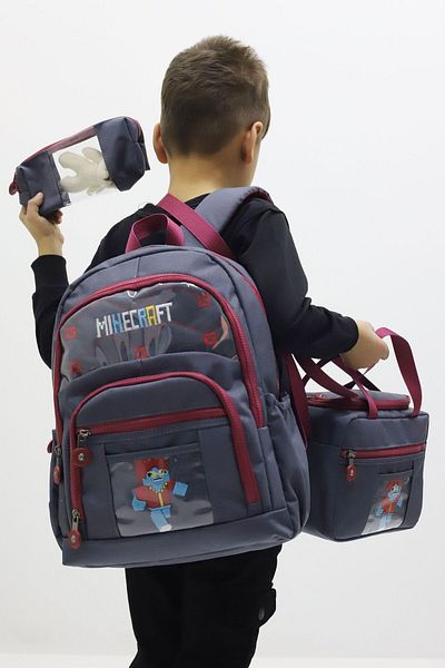 Weynes Gray Boy's Teddy Bear 3-Piece Set Quality Fabric Primary School Bag Wsb5036