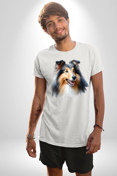 Angemiel تي شيرت Collie Elegant Clever Dog أبيض كبير الحجم للنساء والرجال مطبوع من الأمام
