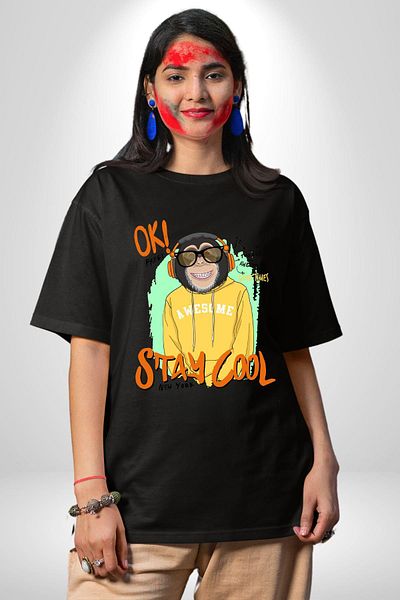 Angemiel Stay Cool Fun Monkey Graphic Black Oversize Women's Men's Front Printed T-Shirt