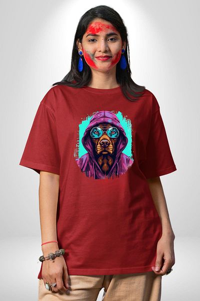 Angemiel Charismatic Dark Style Dog with Blue Glasses Red Oversize Women's Men's Front Printed T-Shirt