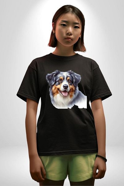 Angemiel Clever Australian Shepherd Dog Design Black Oversize Women's Men's Front Printed T-Shirt