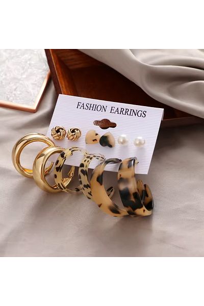 Toz Vintage Leolove Leopard Pattern Acrylic and Pearl Gold Vintage Retro Earring Set