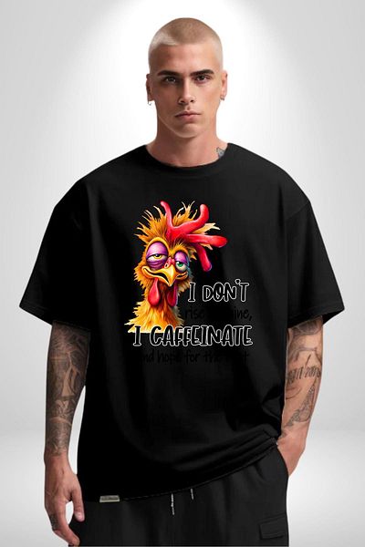 Angemiel Not into Coffee, I'M into Caffeine Funny Chicken Black Oversize Women's Men's Front Printed T-Shirt