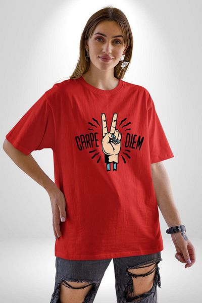 Angemiel Carpe Diem Peace Sign Hand Design Red Oversize Women's Men's Front Printed T-Shirt