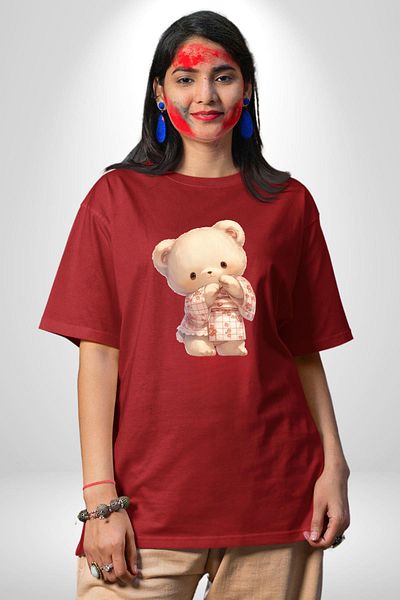 Angemiel Pink Floral Teddy Bear Patterned Red Oversize Women's Men's Front Printed T-Shirt