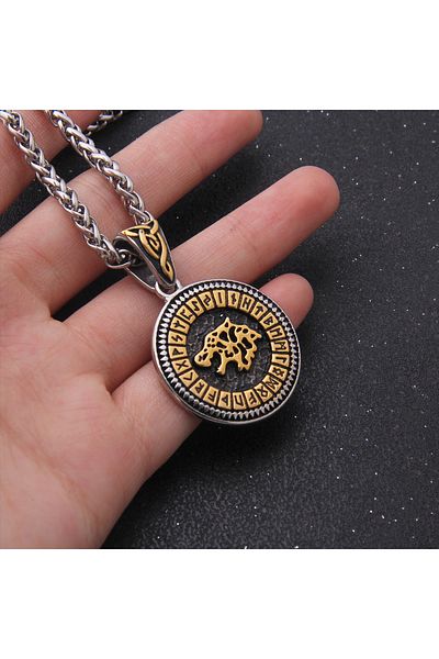 Viking Nordic Mythology Odin Runic Alphabet Wolf Design 316L Stainless Steel Necklace