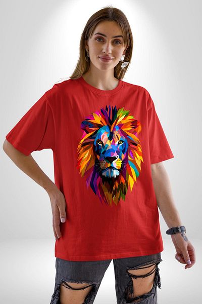 Angemiel Pop Art Lion Courage Themed Red Oversize Women's Men's Front Printed T-Shirt