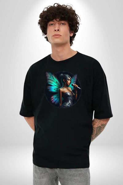 Angemiel Shiny Dress Butterfly Winged Woman Black Oversize Women Men Front Printed T-Shirt