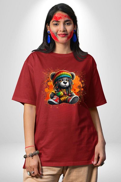 Angemiel Teddy Bear Bear Colorful Rasta Shoes Jumpsuit Red Oversize Women's Men's Front Printed T-Shirt