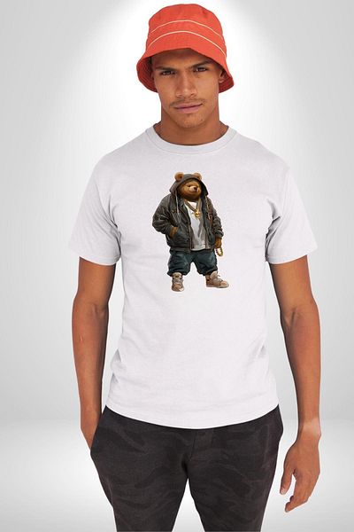 Angemiel تي شيرت Urban Style Hip Hop Teddy Bear Rapper Teddy أبيض كبير الحجم للنساء والرجال مطبوع من الأمام