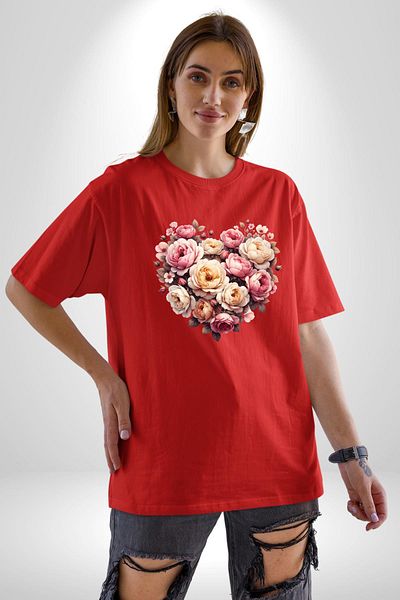 Angemiel Rose Heart Beauty Love Grace Icon Red Oversize Women Men Front Printed T-Shirt
