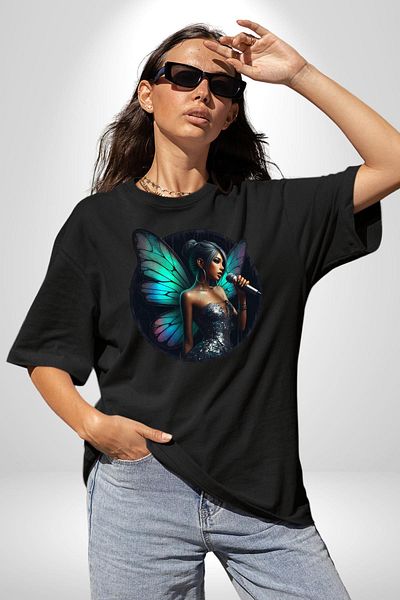 Angemiel Shiny Dress Butterfly Winged Woman Black Oversize Women Men Front Printed T-Shirt