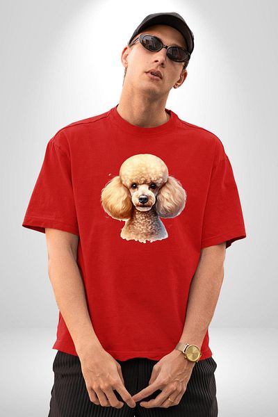 Angemiel Clever Popular Poodle Dog Friendly Red Oversize Women's Men's Front Printed T-Shirt