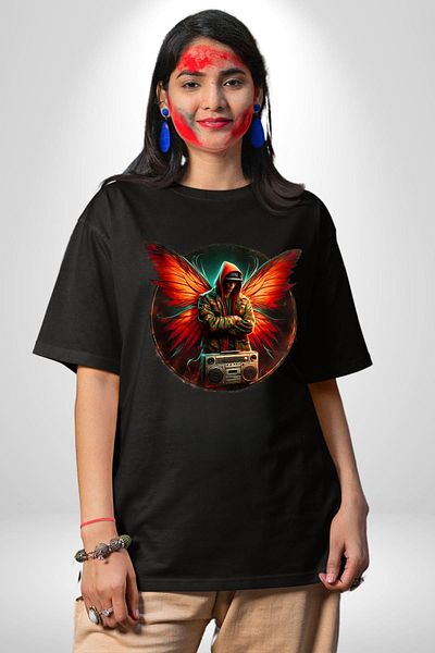 Angemiel Music and Wings New Generation Design Black Oversize Women's Men's Front Printed T-Shirt