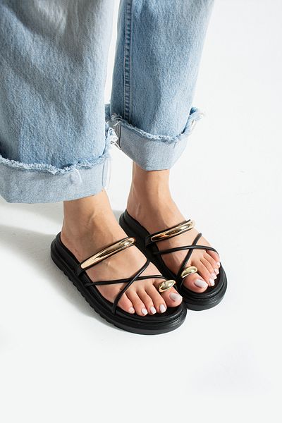 DUXAL SHOES Tatum Women's Black Trend Cross Strap Comfortable Sole Gold Detailed Flip Flops - Sandals