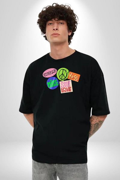 Angemiel Peace Positive Energy Stickers Black Oversize Women's Men's Front Printed T-Shirt