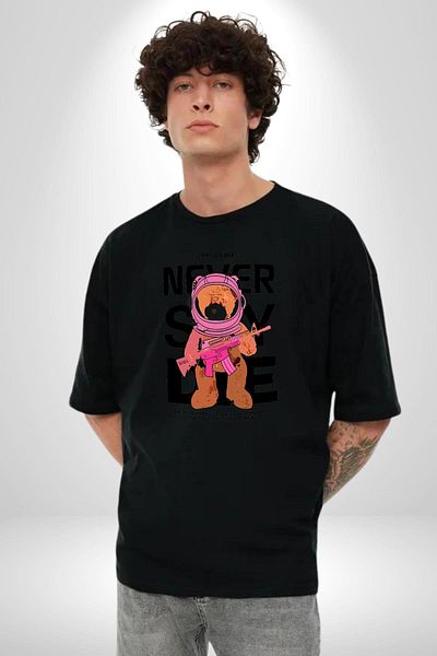 Angemiel Never Say Impossible Bear and Astronaut Black Oversize Women Men Front Printed T-Shirt