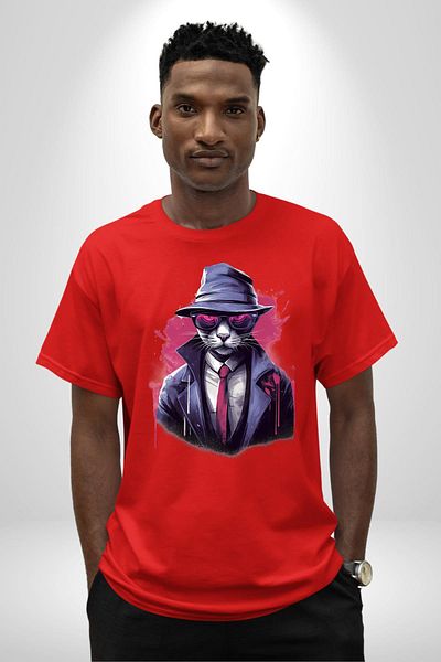 Angemiel Cool Detective Cat Red Oversize Women's Men's Front Printed T-Shirt