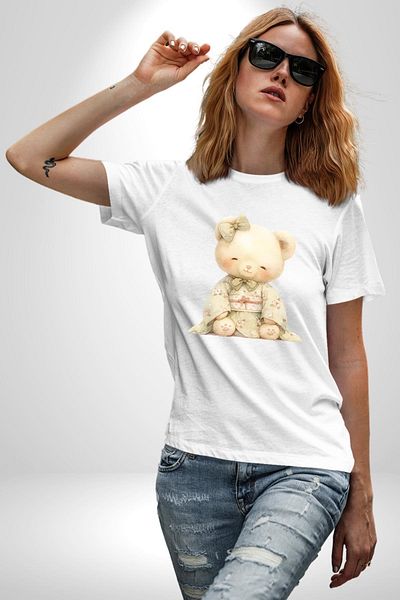Angemiel تي شيرت مطبوع عليه زهور كريمية اللون مع كيمونو Sweet Teddy Bear أبيض كبير الحجم للنساء والرجال