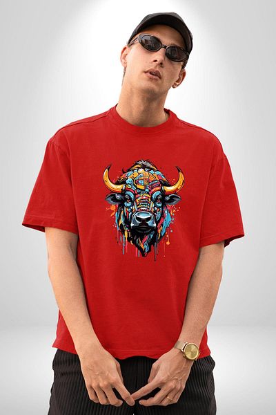 Angemiel Bull Strength Symbol of Indestructible Stability Red Oversize Women's Men's Front Printed T-Shirt