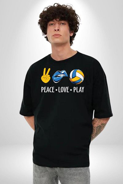 Angemiel Peace Love Play Volleyball Written Black Oversize Women Men Front Printed T-Shirt