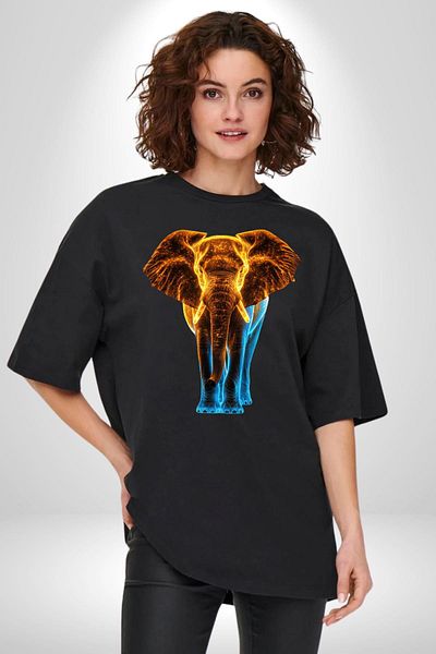 Angemiel Light Effect Elephant Black Oversize Women's Men's Front Printed T-Shirt