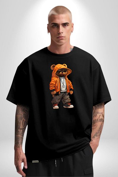 Angemiel Hip Hop Orange Hooded Urban Style Teddy Bear Black Oversize Women's Men's Front Printed T-Shirt