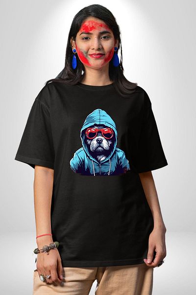 Angemiel Charismatic Terrier Glasses Cool Dog Black Oversize Women's Men's Front Printed T-Shirt