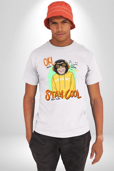 Angemiel تي شيرت Stay Cool Fun Monkey Graphic أبيض كبير الحجم للنساء والرجال مطبوع من الأمام