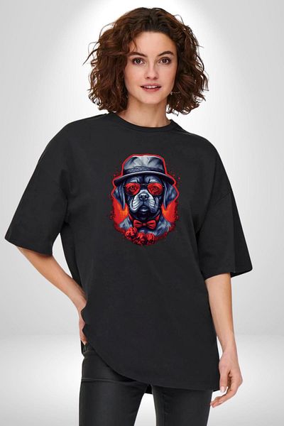 Angemiel Romantic  Dog Hat with Rose Black Oversize Women's Men's Front Printed T-Shirt
