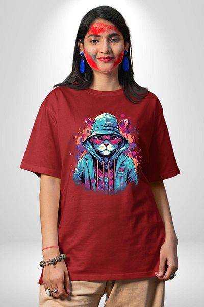 Angemiel Cool Graffiti Art Cat Themed Red Oversize Women's Men's Front Printed T-Shirt