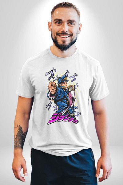 Angemiel تي شيرت JoJo's Bizarre Adventure Jotaro Anime Character أبيض كبير الحجم للنساء والرجال مطبوع من الأمام